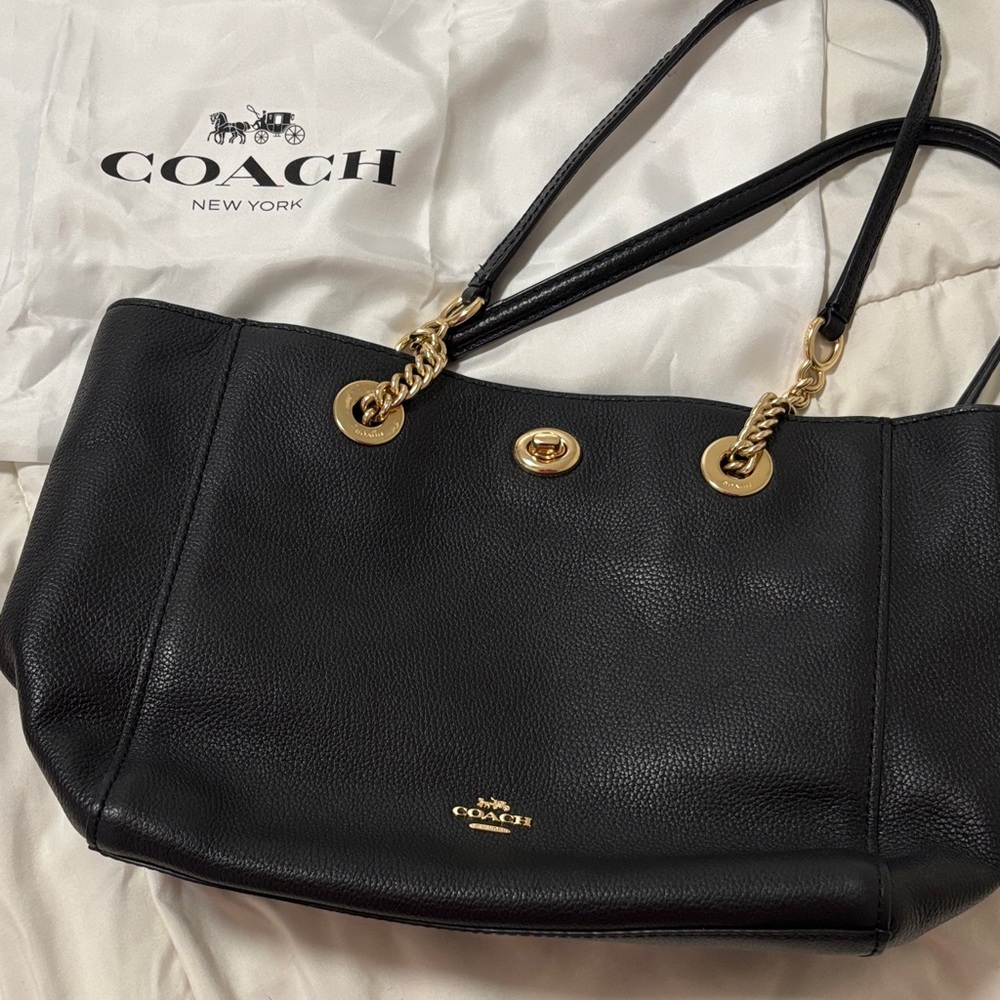 Coach Black Leather Shoulder Bag with Gold Accents